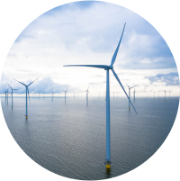 Offshore wind turbines standing in the water.